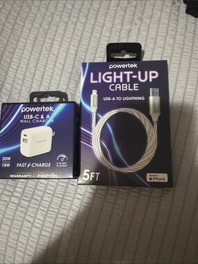 Powertek Light-Up USB-A to Lightning Cable + USB-C & A Wall Charger - white